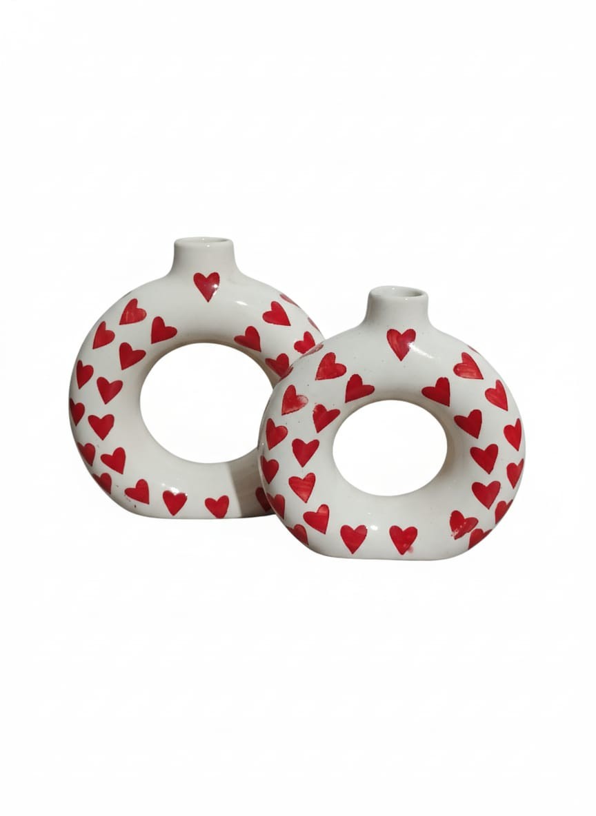 Set of 2 White Ceramic Donut Vases with Red Heart Print