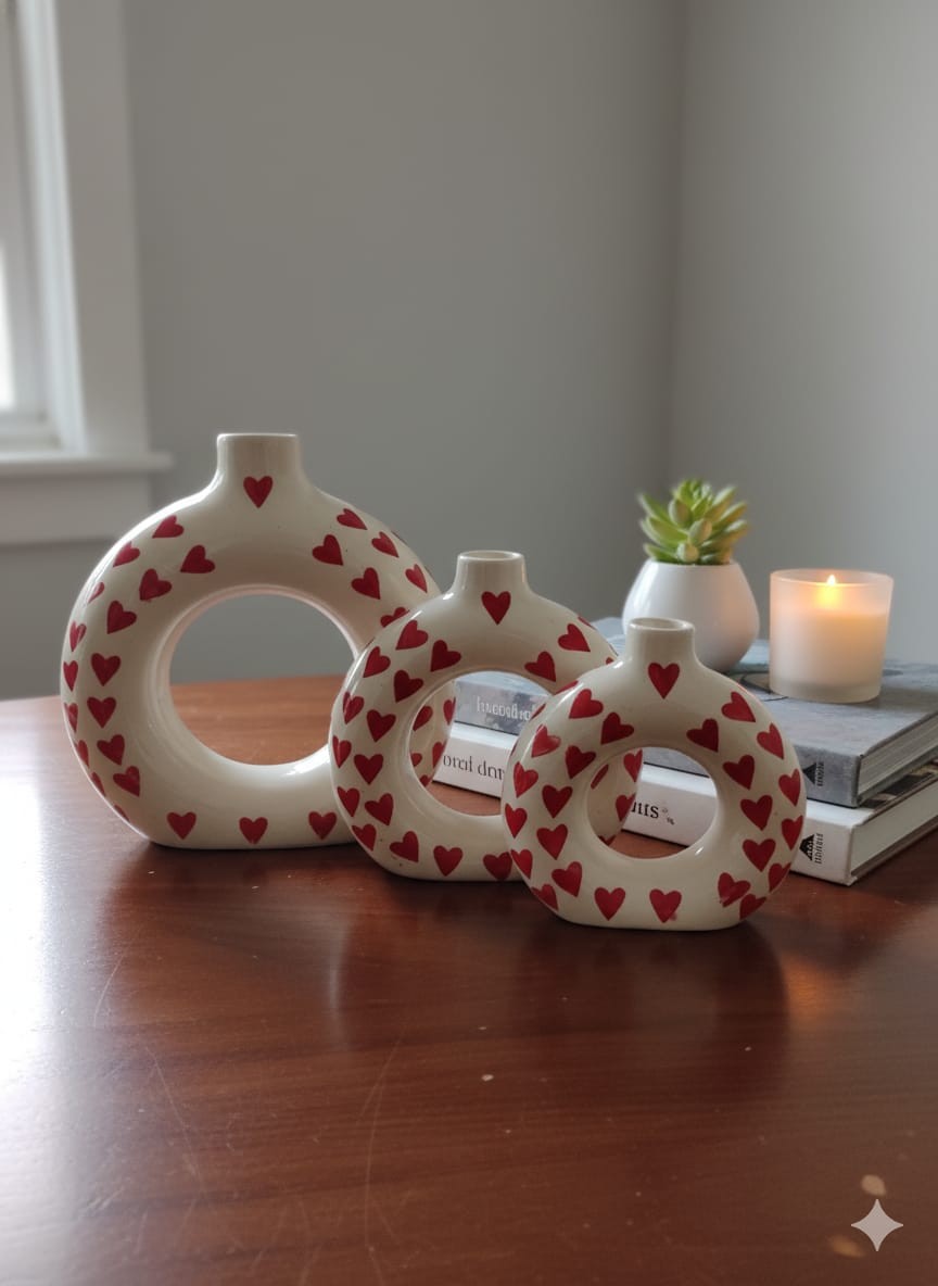 Set of 3 White Ceramic Donut Vases with Red Heart Print